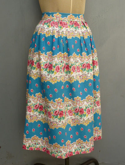 Original Vintage 1950s Skirt Home Made Floral Rose Paisley Printed Cotton UK S