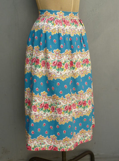 Original Vintage 1950s Skirt Home Made Floral Rose Paisley Printed Cotton UK S