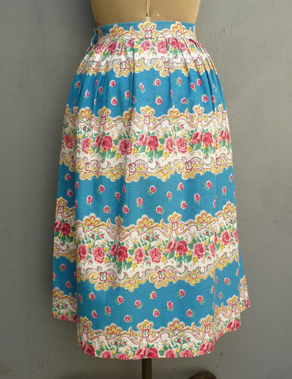 Original Vintage 1950s Skirt Home Made Floral Rose Paisley Printed Cotton UK S