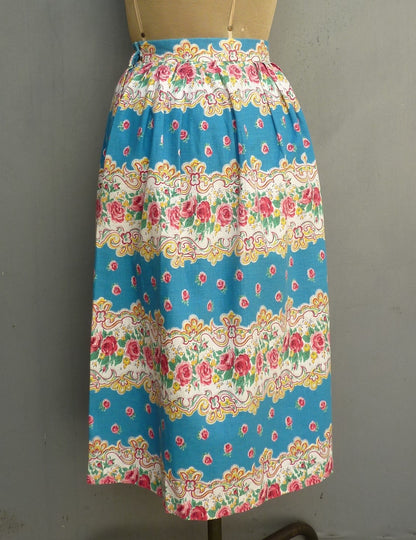 Original Vintage 1950s Skirt Home Made Floral Rose Paisley Printed Cotton UK S