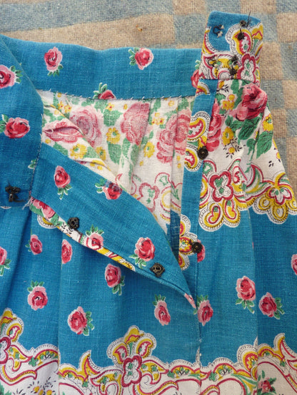 Original Vintage 1950s Skirt Home Made Floral Rose Paisley Printed Cotton UK S