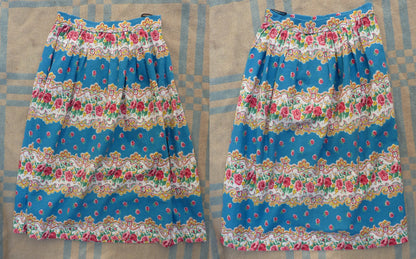 Original Vintage 1950s Skirt Home Made Floral Rose Paisley Printed Cotton UK S