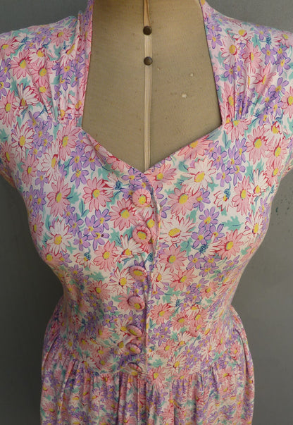 Original Vintage 1940s Dress Floral Print Rayon Dolman Pink Lilac White UK S/M