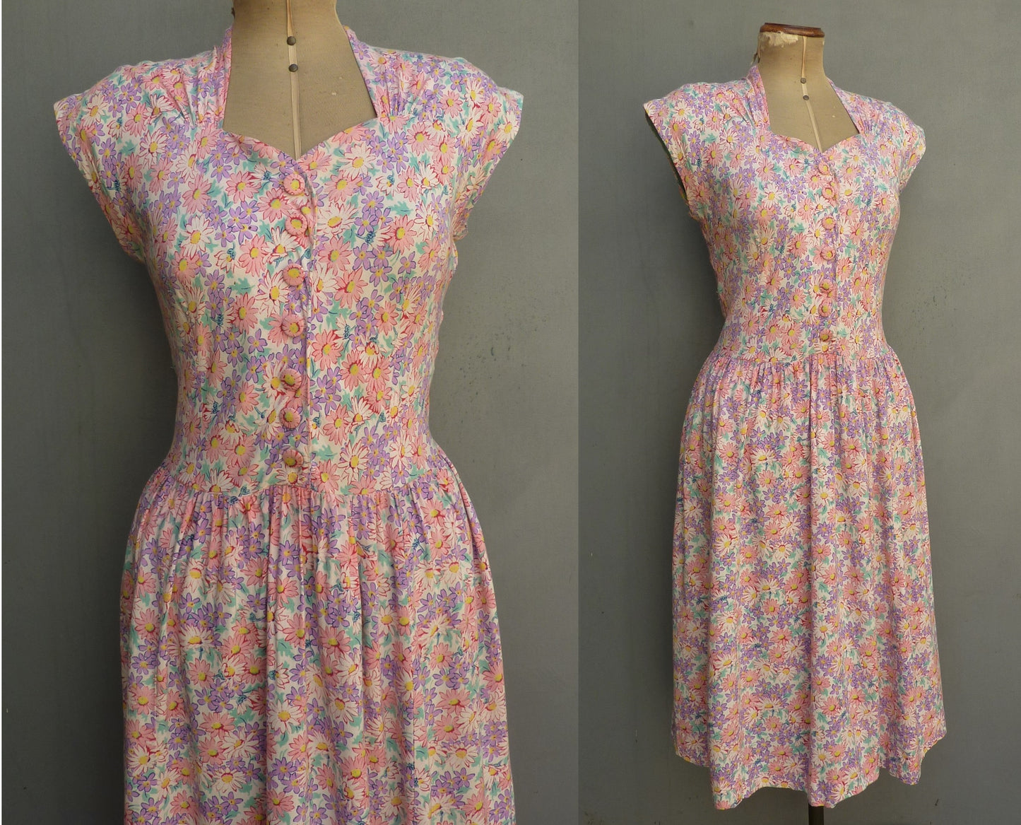 Original Vintage 1940s Dress Floral Print Rayon Dolman Pink Lilac White UK S/M