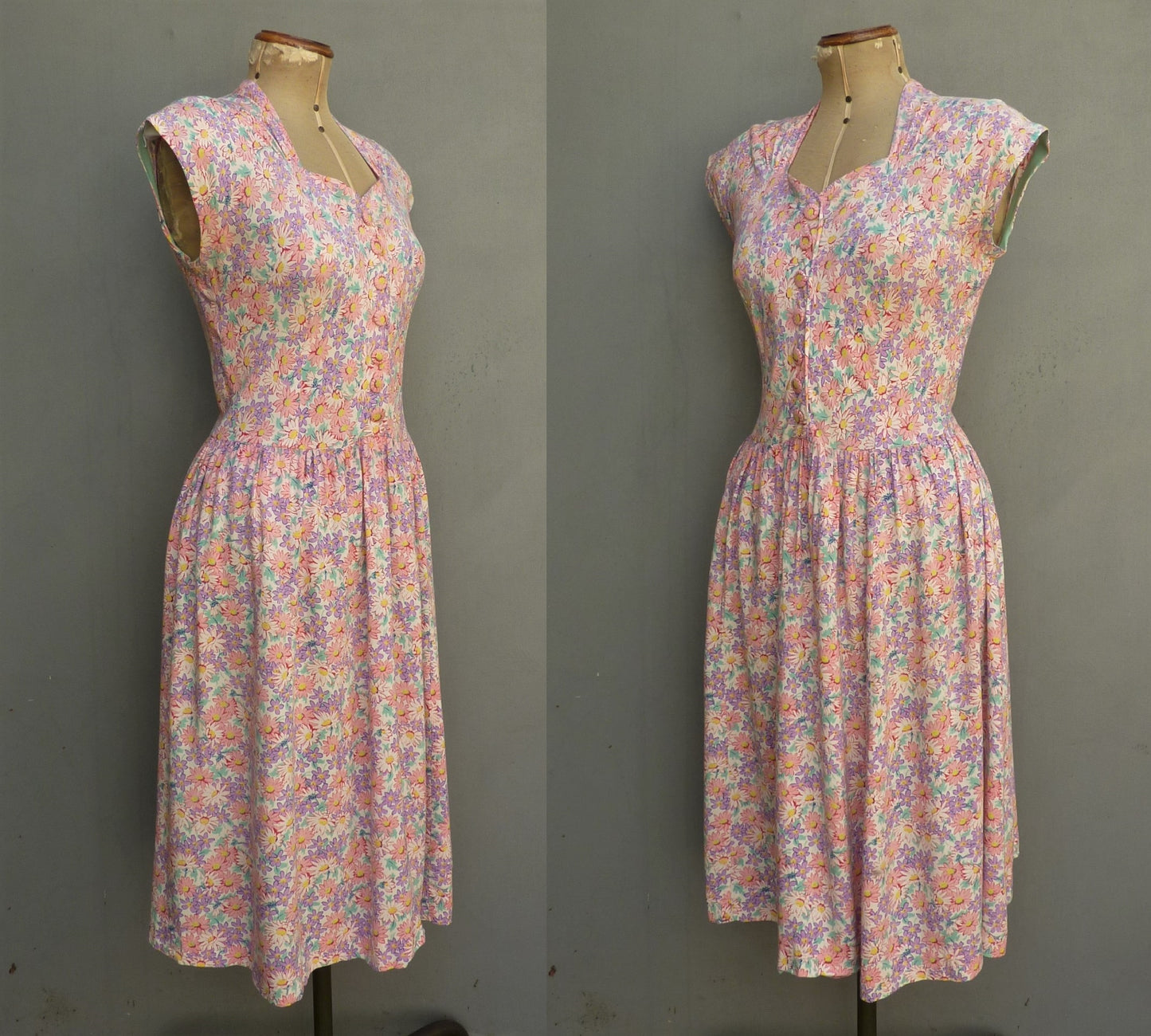 Original Vintage 1940s Dress Floral Print Rayon Dolman Pink Lilac White UK S/M