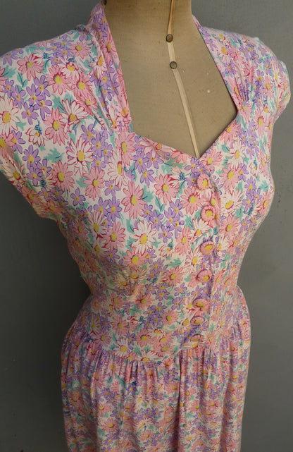 Original Vintage 1940s Dress Floral Print Rayon Dolman Pink Lilac White UK S/M