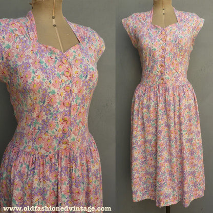 Original Vintage 1940s Dress Floral Print Rayon Dolman Pink Lilac White UK S/M