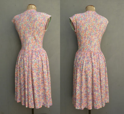 Original Vintage 1940s Dress Floral Print Rayon Dolman Pink Lilac White UK S/M