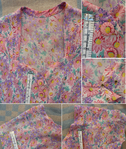 Original Vintage 1940s Dress Floral Print Rayon Dolman Pink Lilac White UK S/M