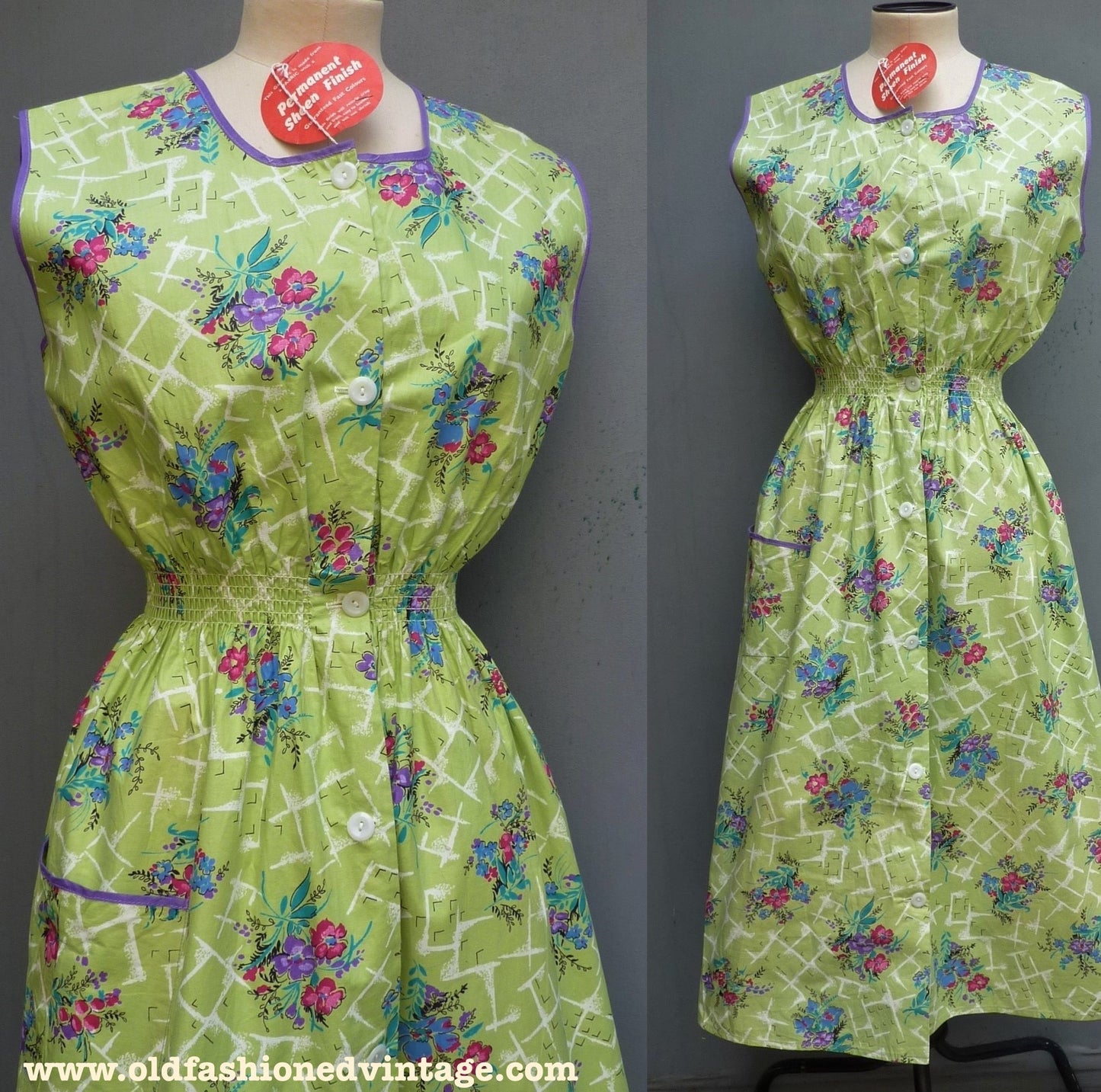 Vintage 1950s Deadstock Pinafore Sun Dress Floral Novelty Print Overall UK XS/S