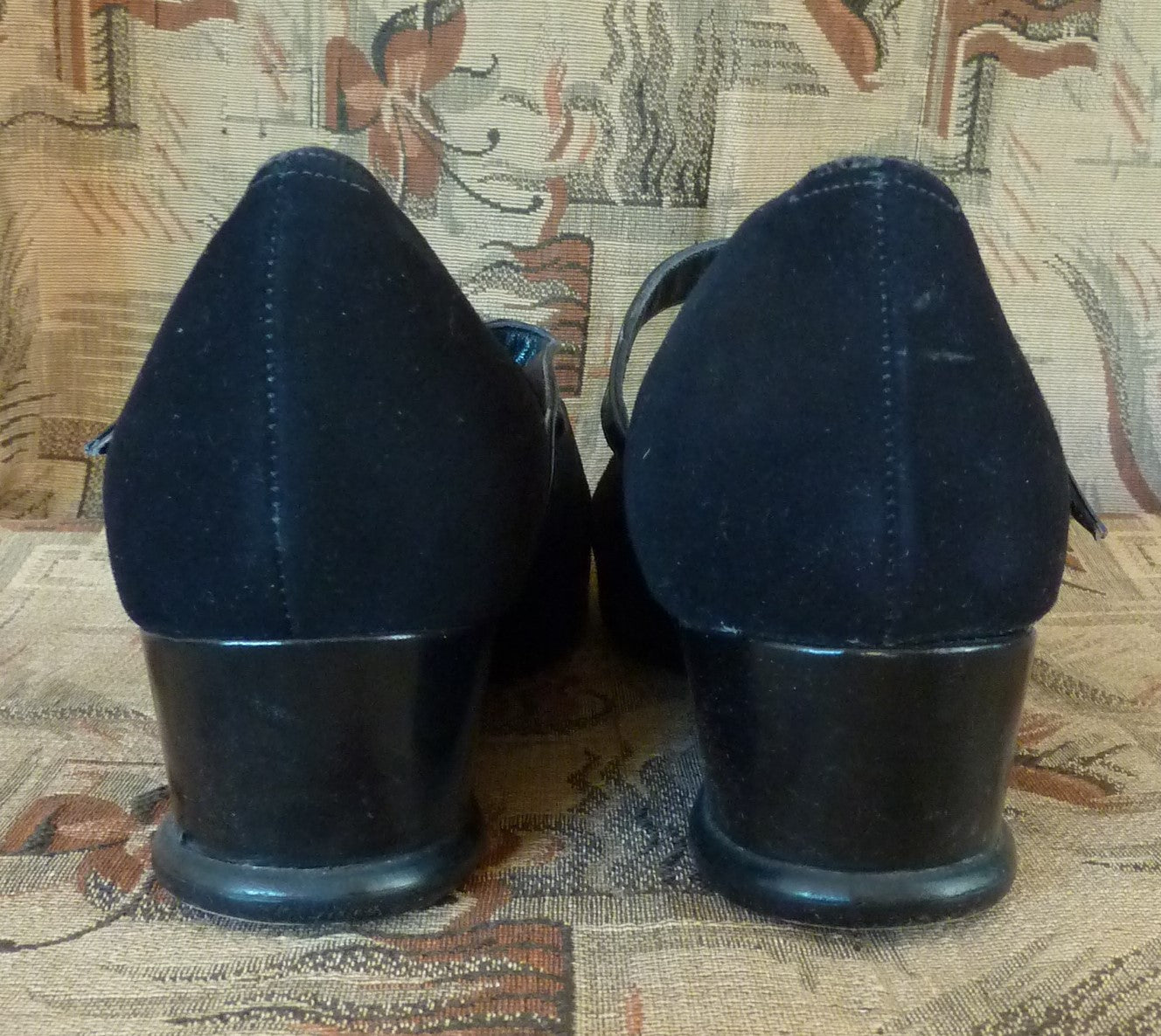 Vintage 1940s CC41 Black Suede Wedge Shoes Buckle Mary Jane UK 7