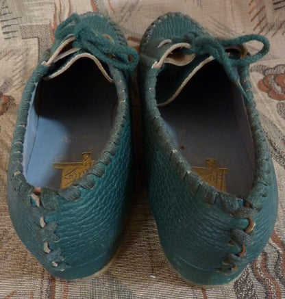 Rare Vintage 1950s 40s Shoes Green Leather Lace Up Wedge Crepe UK 5.5