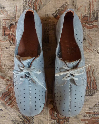 Rare French Vintage 1950s 40s Shoes Blue Grey Suede Lace Up Crepe UK 6