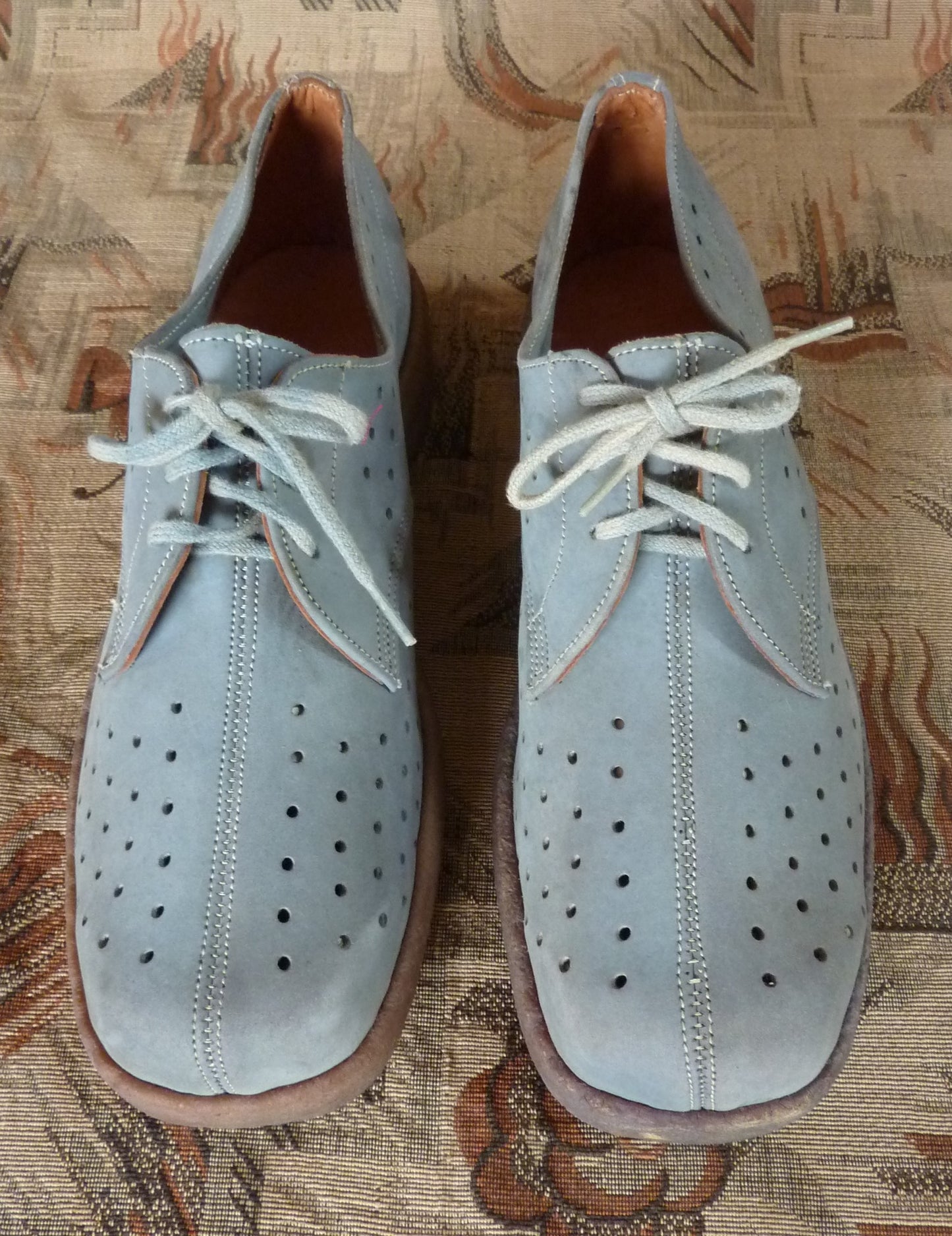 Rare French Vintage 1950s 40s Shoes Blue Grey Suede Lace Up Crepe UK 6