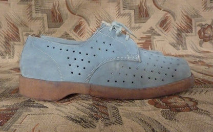 Rare French Vintage 1950s 40s Shoes Blue Grey Suede Lace Up Crepe UK 6