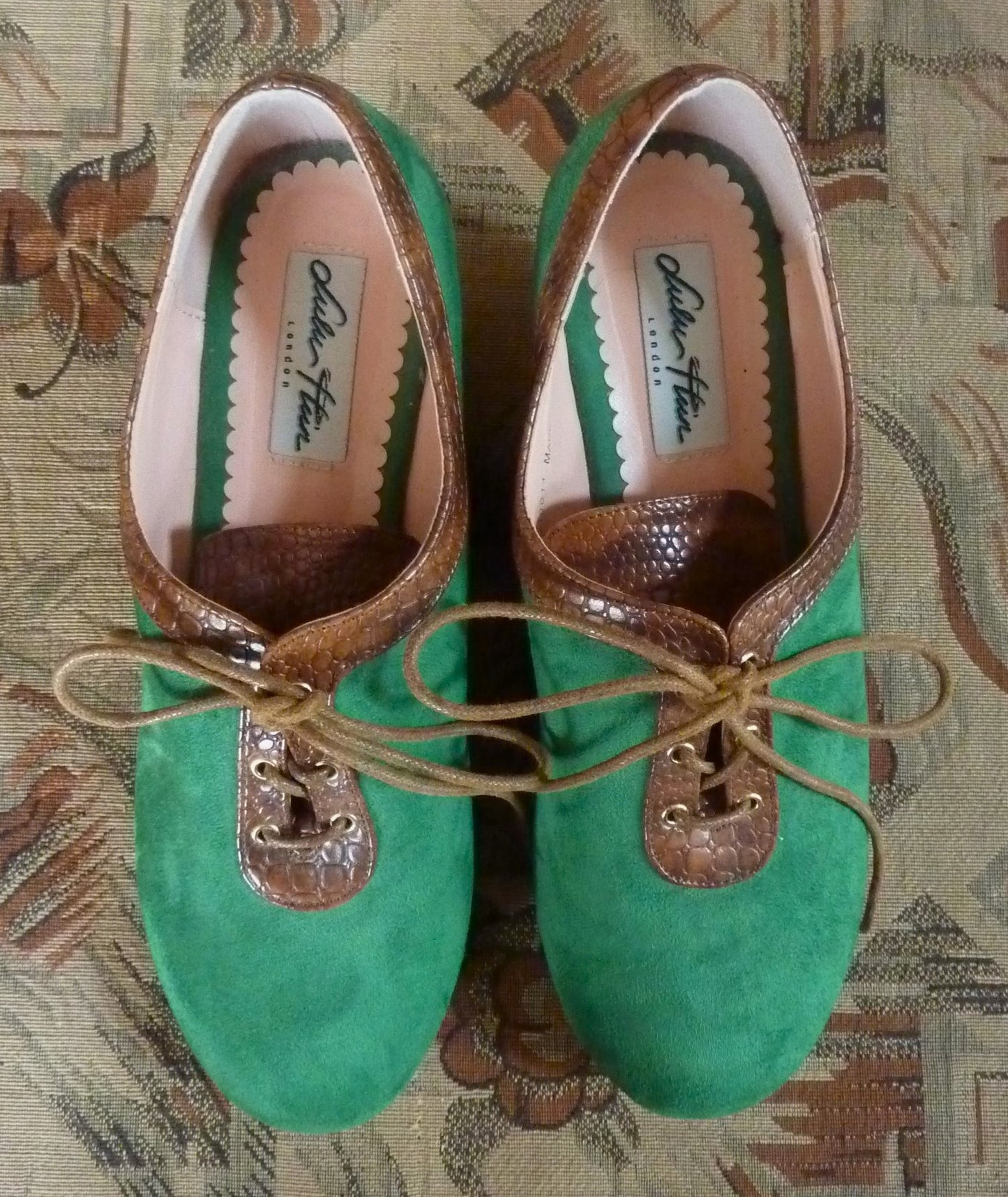 Vintage 1940s Style Wedge Shoes Green Faux Suede Lulu Hun UK 6