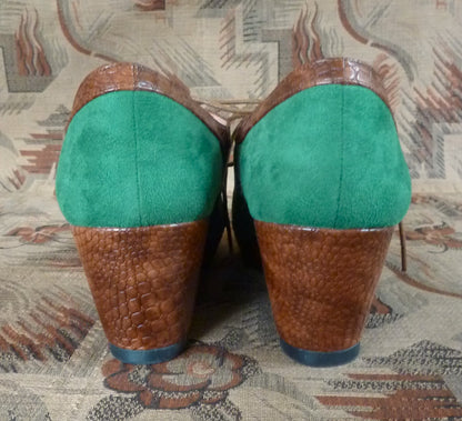 Vintage 1940s Style Wedge Shoes Green Faux Suede Lulu Hun UK 6