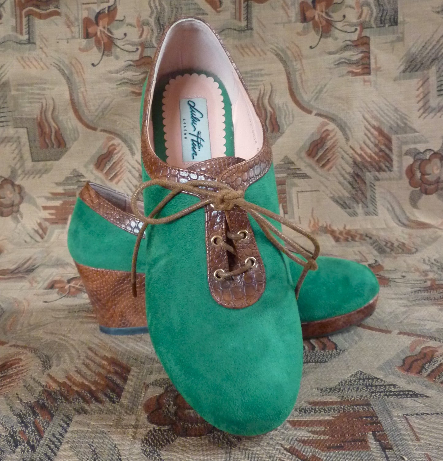 Vintage 1940s Style Wedge Shoes Green Faux Suede Lulu Hun UK 6