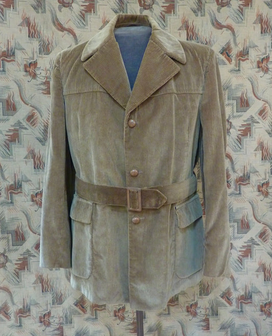 Vintage Mens 1960s 1970s Burton Belted Safari Jacket Patch Pockets Belt Fawn Beige Corduroy 1950s 1940s Style