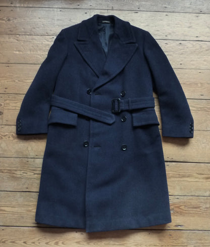 Vintage 1940s CC41 Double Breasted Overcoat Coat Dark Blue Wool DB Belted UK S