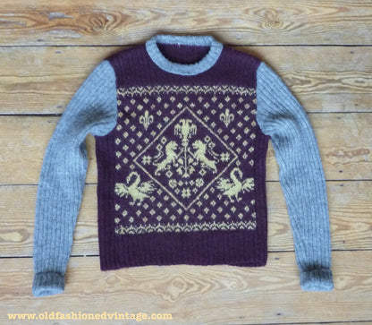 Reproduction Mens 1940s Fairisle Jumper Heraldic Design Picture Knit Sweater Burgundy Grey Yellow S