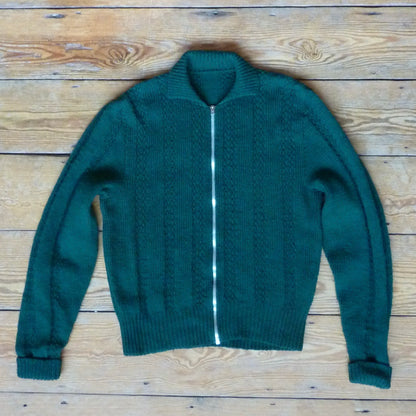 Vintage 1950s Hand Knitted Lumberjacket Zip Up Cardigan Sweater Bottle Green M