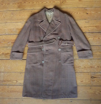 Vintage 1940s Mens Double Breasted Overcoat Coat Brown Herringbone Check Wool DB Belted UK M