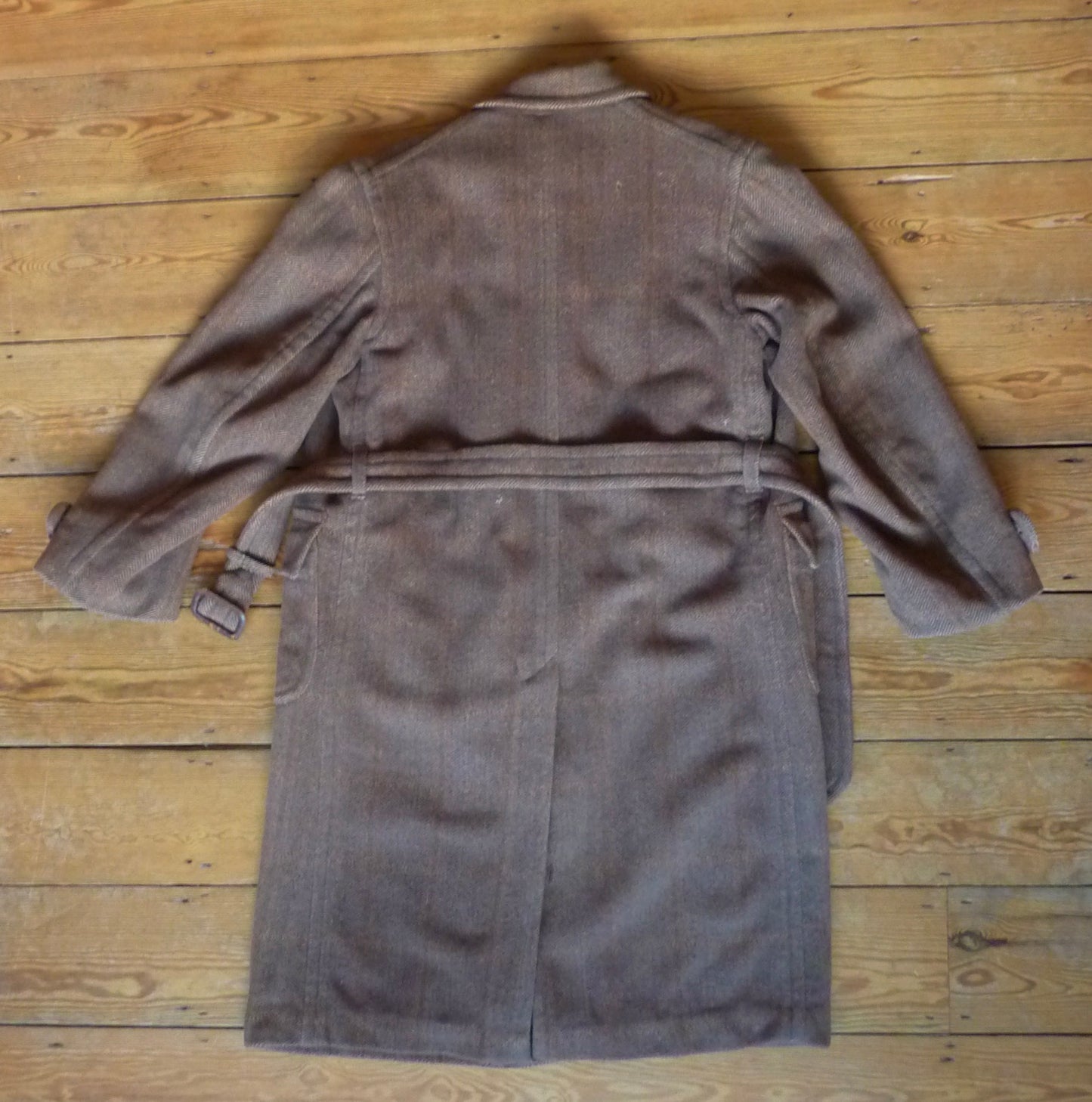 Vintage 1940s Mens Double Breasted Overcoat Coat Brown Herringbone Check Wool DB Belted UK M