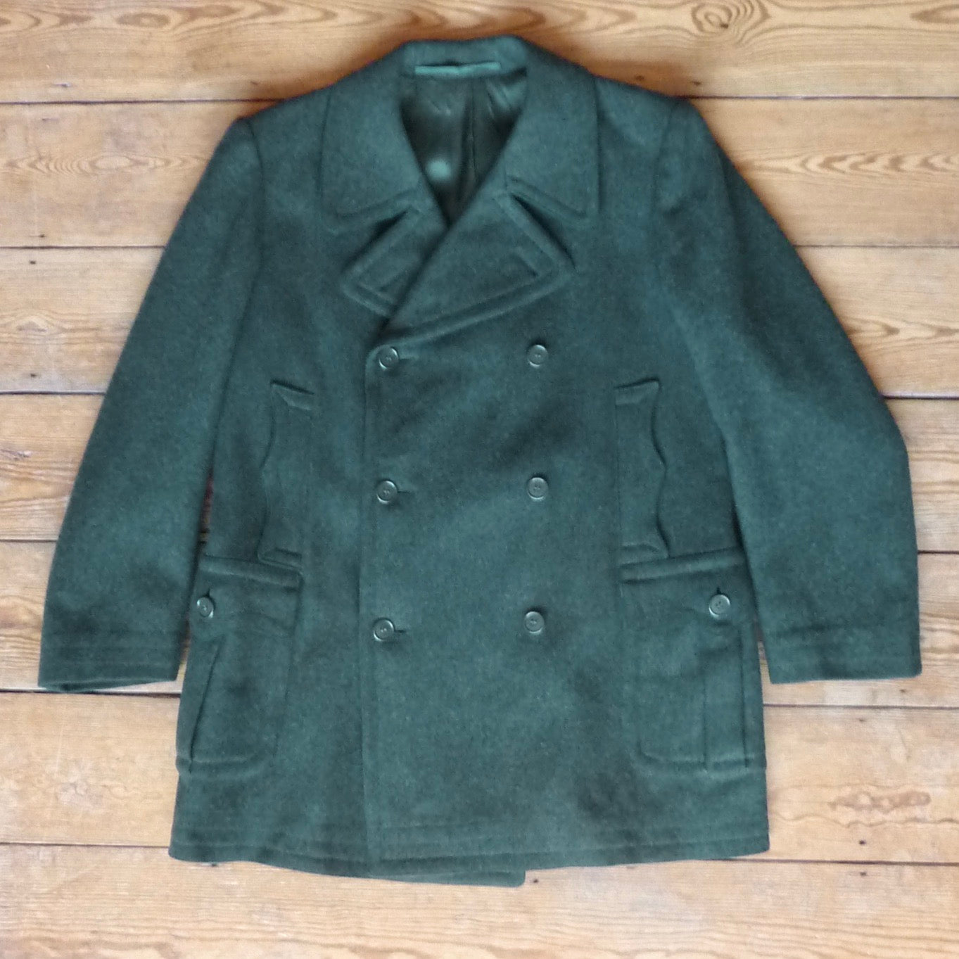 Vintage 1940s German Short Double Breasted Coat Jacket Forest Green DB Back Belt UK 44" XL