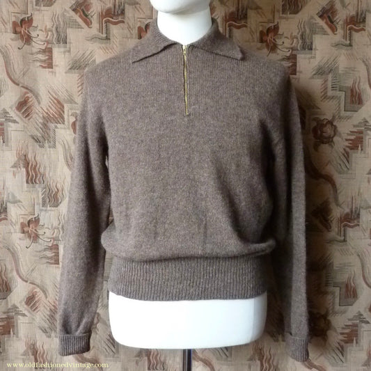 Old Fashioned Garments Vintage Reproduction 1940s Mens Zip Neck Jumper Earthy Brown Marl Polo Collar Sweater Lumberjacket