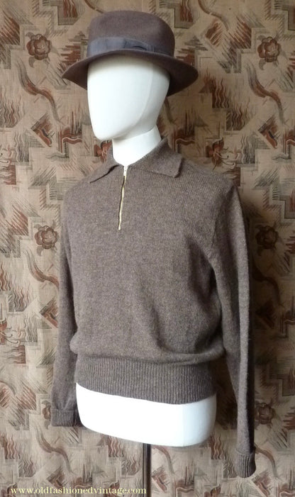 Old Fashioned Garments Vintage Reproduction 1940s Mens Zip Neck Jumper Earthy Brown Marl Polo Collar Sweater Lumberjacket L