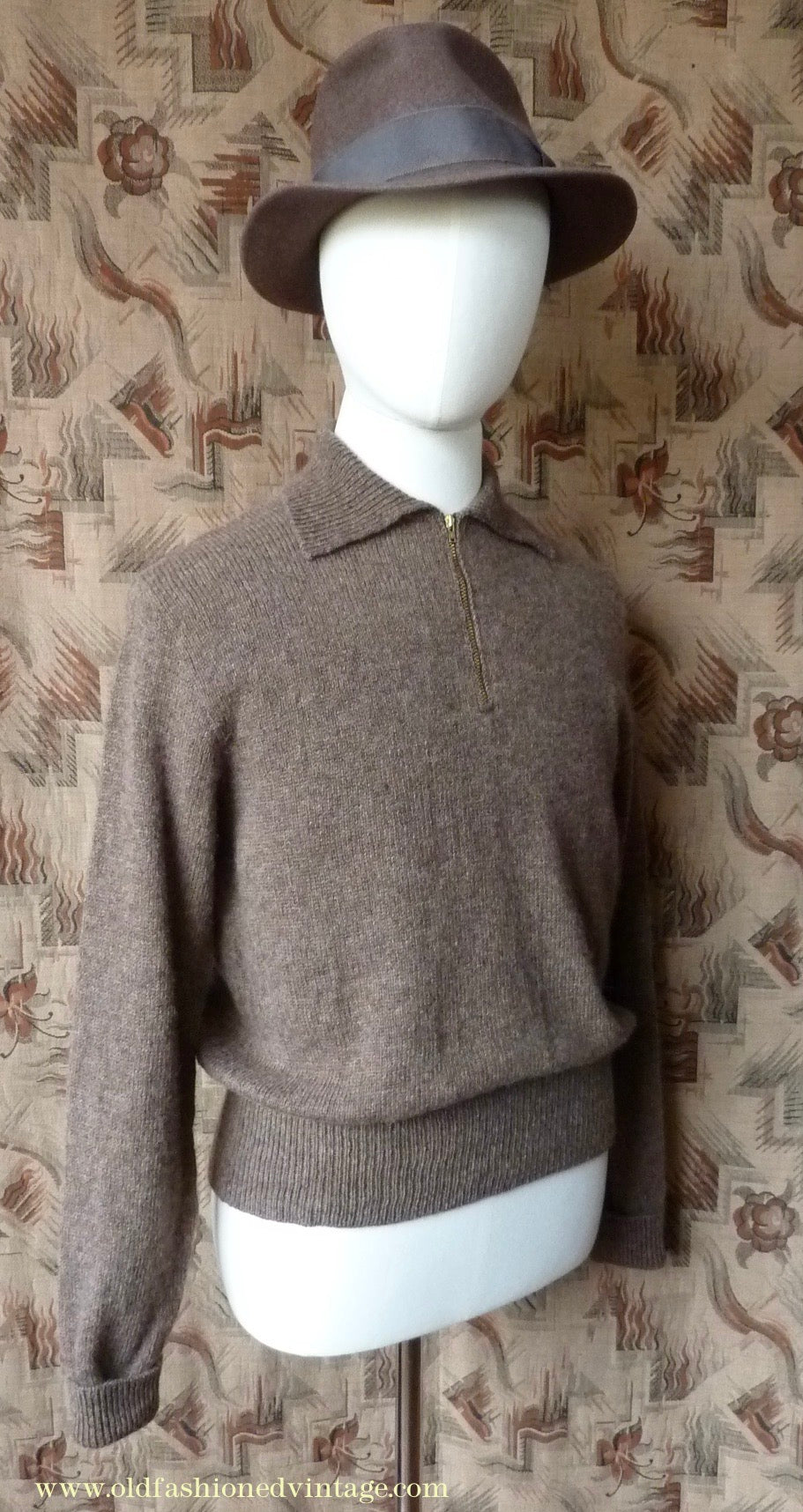 Old Fashioned Garments Vintage Reproduction 1940s Mens Zip Neck Jumper Earthy Brown Marl Polo Collar Sweater Lumberjacket L