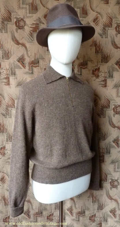 Old Fashioned Garments Vintage Reproduction 1940s Mens Zip Neck Jumper Earthy Brown Marl Polo Collar Sweater Lumberjacket L