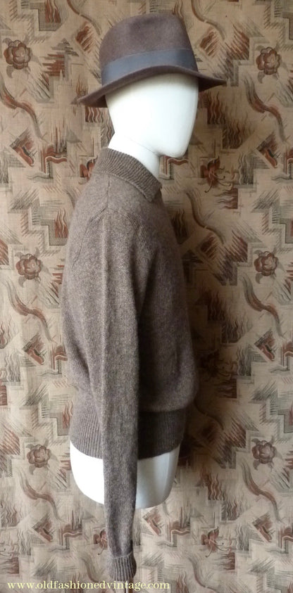 Old Fashioned Garments Vintage Reproduction 1940s Mens Zip Neck Jumper Earthy Brown Marl Polo Collar Sweater Lumberjacket L