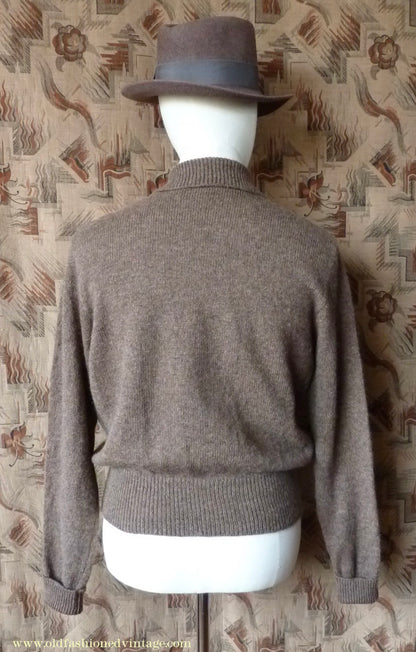 Old Fashioned Garments Vintage Reproduction 1940s Mens Zip Neck Jumper Earthy Brown Marl Polo Collar Sweater Lumberjacket L