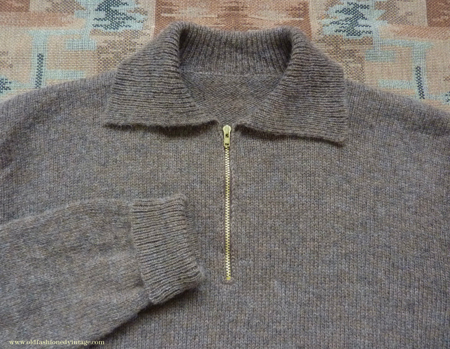 Old Fashioned Garments Vintage Reproduction 1940s Mens Zip Neck Jumper Earthy Brown Marl Polo Collar Sweater Lumberjacket L
