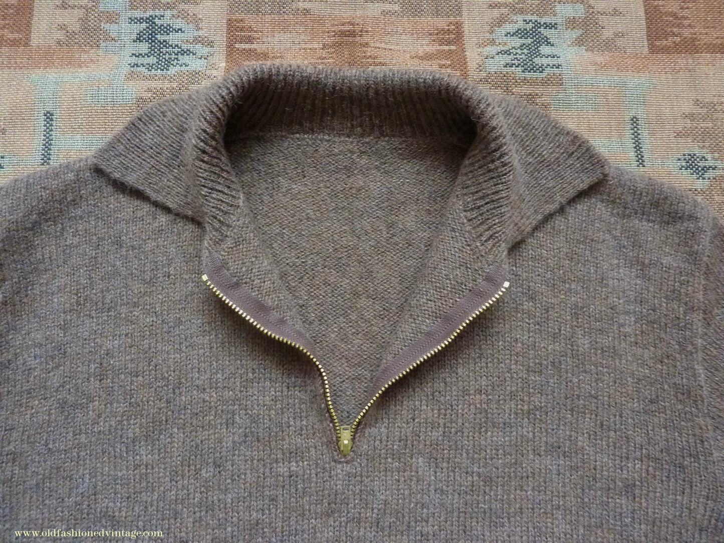 Old Fashioned Garments Vintage Reproduction 1940s Mens Zip Neck Jumper Earthy Brown Marl Polo Collar Sweater Lumberjacket L