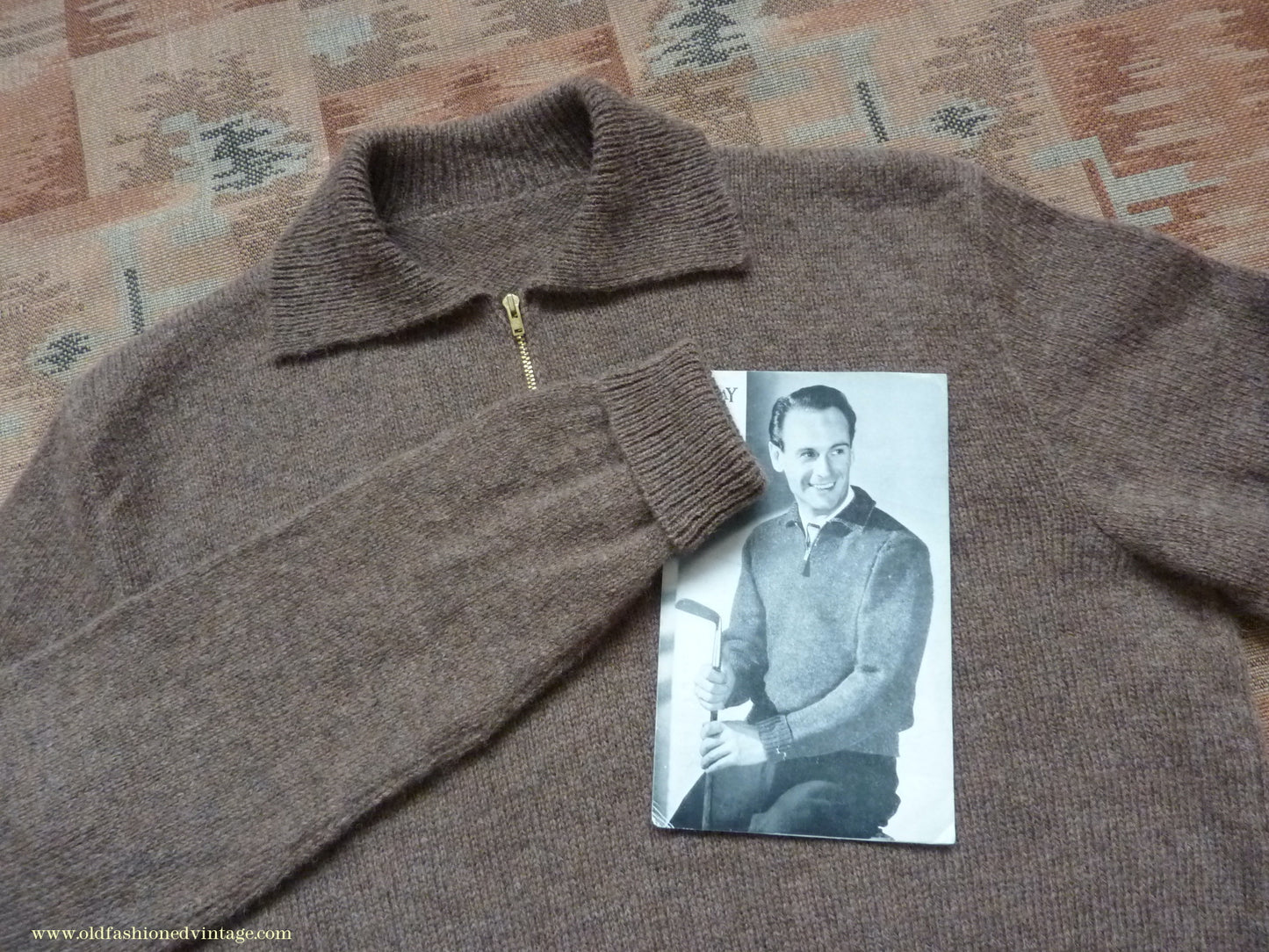 Old Fashioned Garments Vintage Reproduction 1940s Mens Zip Neck Jumper Earthy Brown Marl Polo Collar Sweater Lumberjacket L