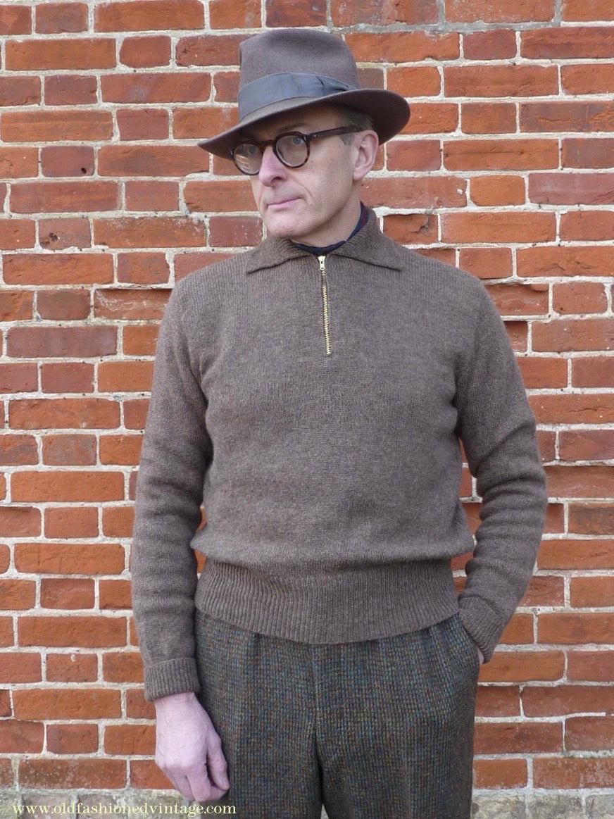 Old Fashioned Garments Vintage Reproduction 1940s Mens Zip Neck Jumper Earthy Brown Marl Polo Collar Sweater Lumberjacket L