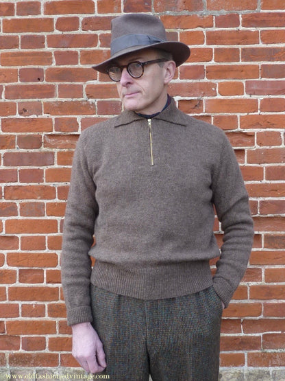 Old Fashioned Garments Vintage Reproduction 1940s Mens Zip Neck Jumper Earthy Brown Marl Polo Collar Sweater Lumberjacket L