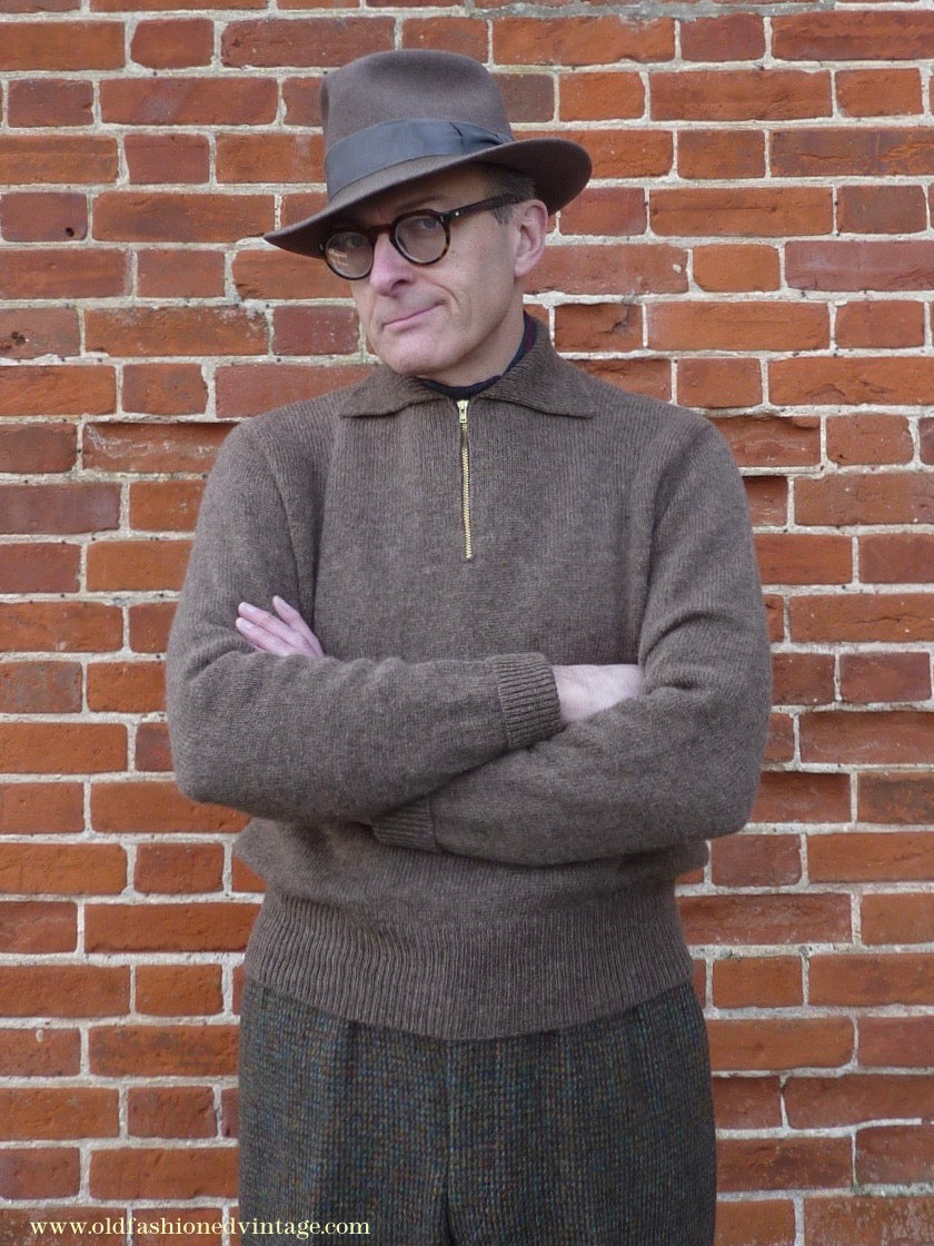 Old Fashioned Garments Vintage Reproduction 1940s Mens Zip Neck Jumper Earthy Brown Marl Polo Collar Sweater Lumberjacket L