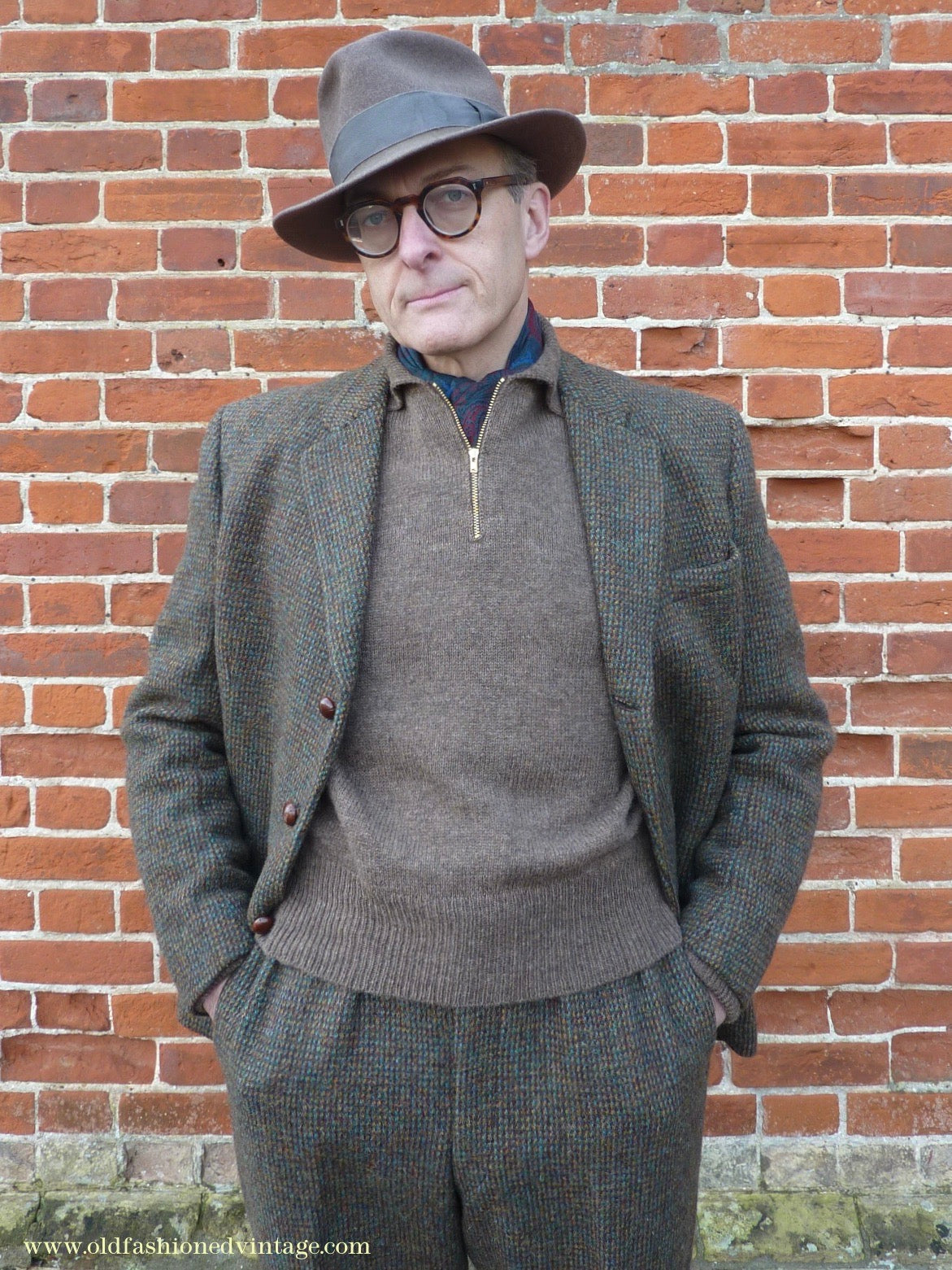 Old Fashioned Garments Vintage Reproduction 1940s Mens Zip Neck Jumper Earthy Brown Marl Polo Collar Sweater Lumberjacket L