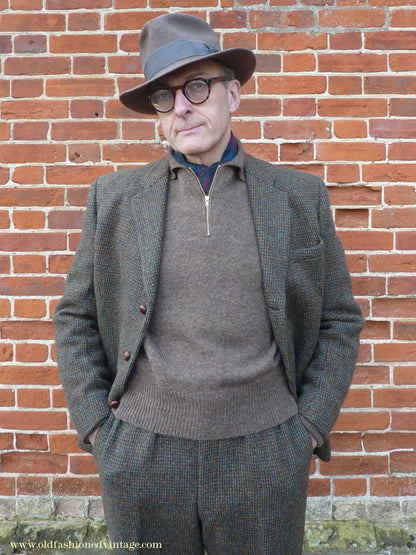 Old Fashioned Garments Vintage Reproduction 1940s Mens Zip Neck Jumper Earthy Brown Marl Polo Collar Sweater Lumberjacket L