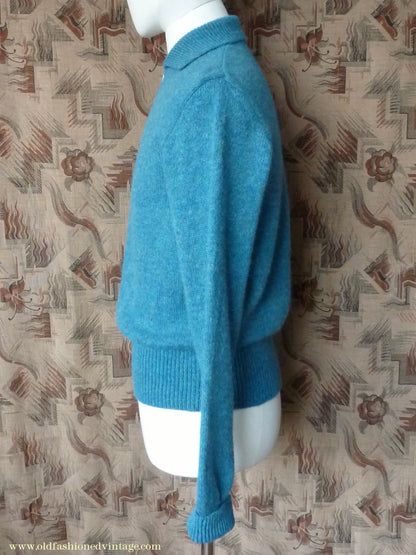 Old Fashioned Garments Vintage Reproduction 1940s Mens Zip Neck Jumper Azure Blue Polo Collar Sweater Lumberjacket M