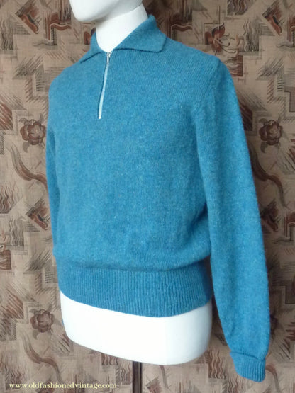 Old Fashioned Garments Vintage Reproduction 1940s Mens Zip Neck Jumper Azure Blue Polo Collar Sweater Lumberjacket M