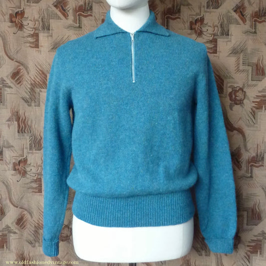 Old Fashioned Garments Vintage Reproduction 1940s Mens Zip Neck Jumper Azure Blue Polo Collar Sweater Lumberjacket M