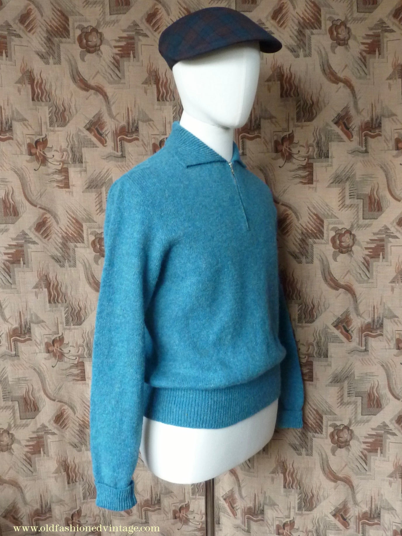 Old Fashioned Garments Vintage Reproduction 1940s Mens Zip Neck Jumper Azure Blue Polo Collar Sweater Lumberjacket M