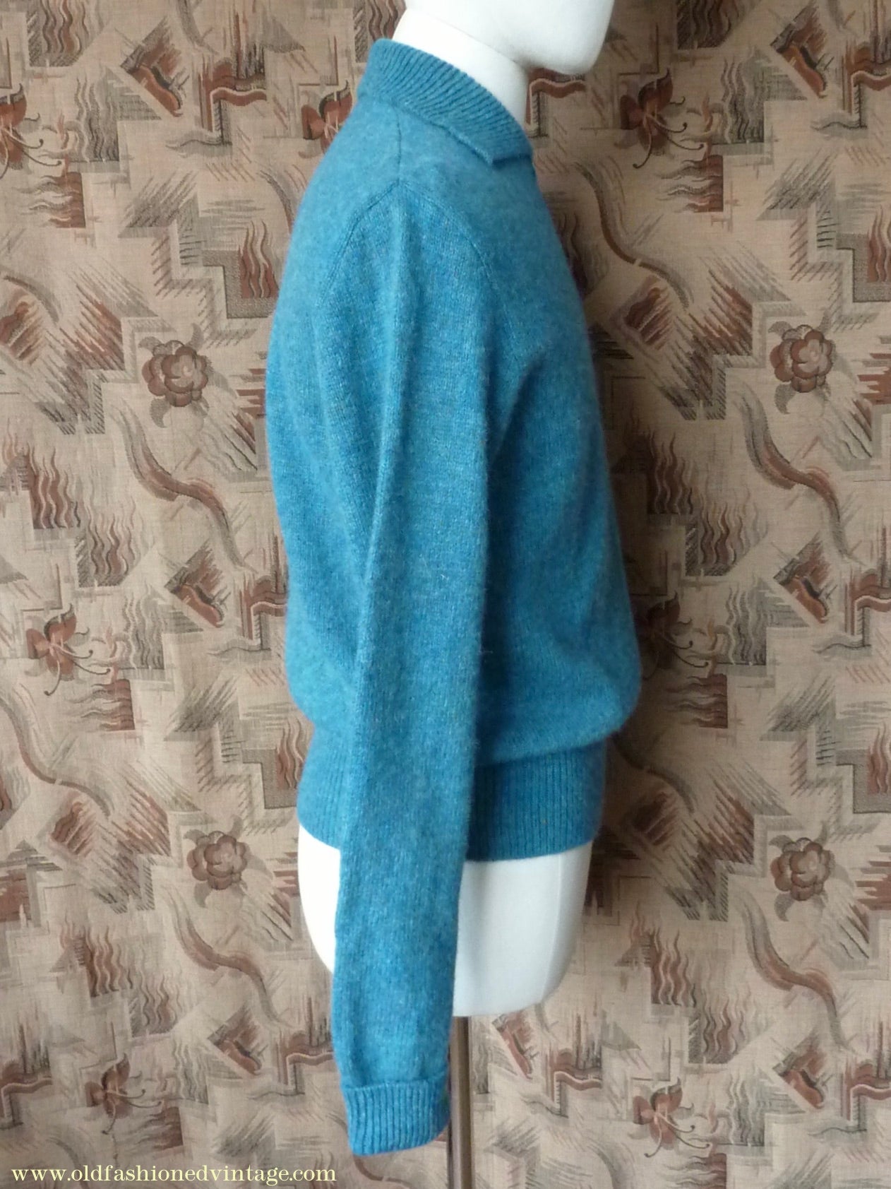 Old Fashioned Garments Vintage Reproduction 1940s Mens Zip Neck Jumper Azure Blue Polo Collar Sweater Lumberjacket M