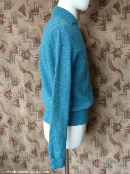 Old Fashioned Garments Vintage Reproduction 1940s Mens Zip Neck Jumper Azure Blue Polo Collar Sweater Lumberjacket M