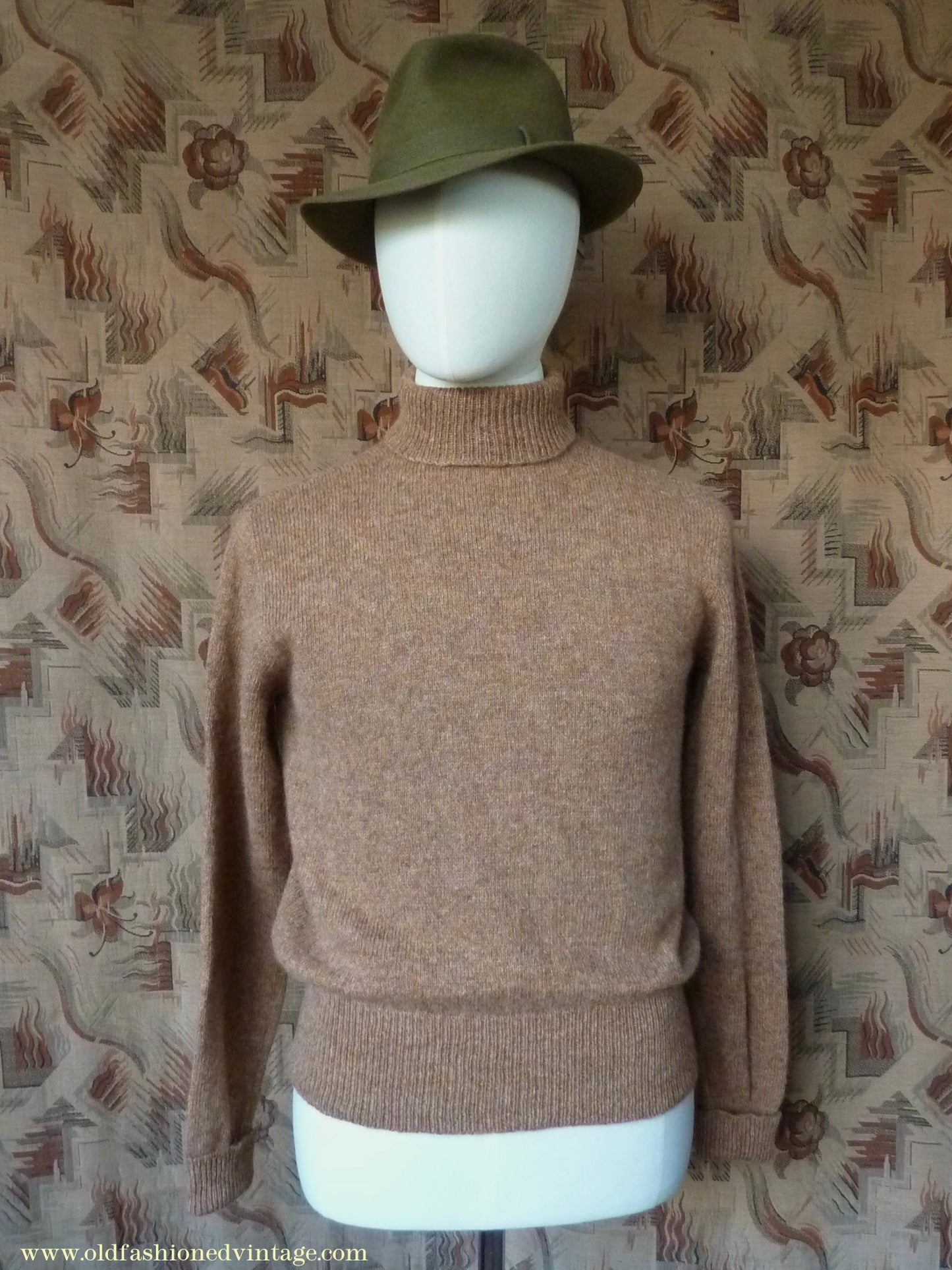 Old Fashioned Garments Vintage Reproduction 1930s 1940s Mens Roll Neck Jumper Spice Brown Marl Polo Turtle Sweater M